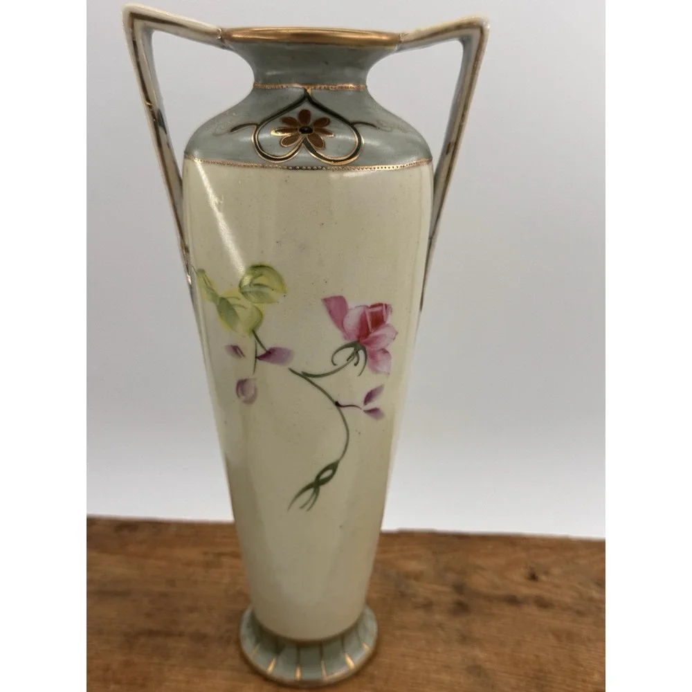 Double Handle Vase Antique Hand Painted Nippon Floral Roses Gold Gilt Porcelain